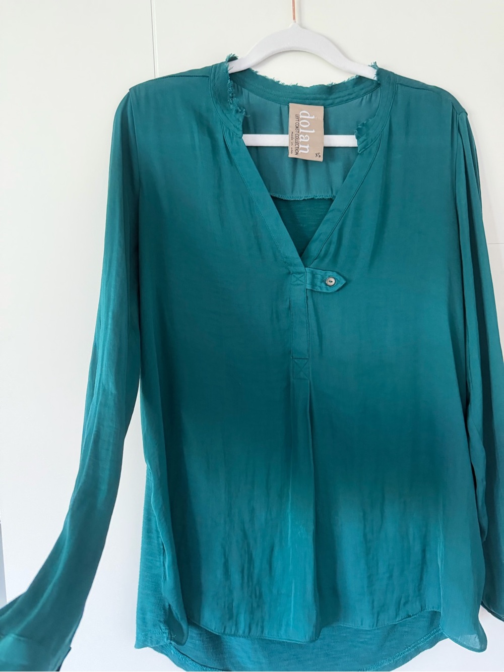 Anthropologies Dolan Left Coast Collection Teal Frayed Silk Satin Henley Blouse